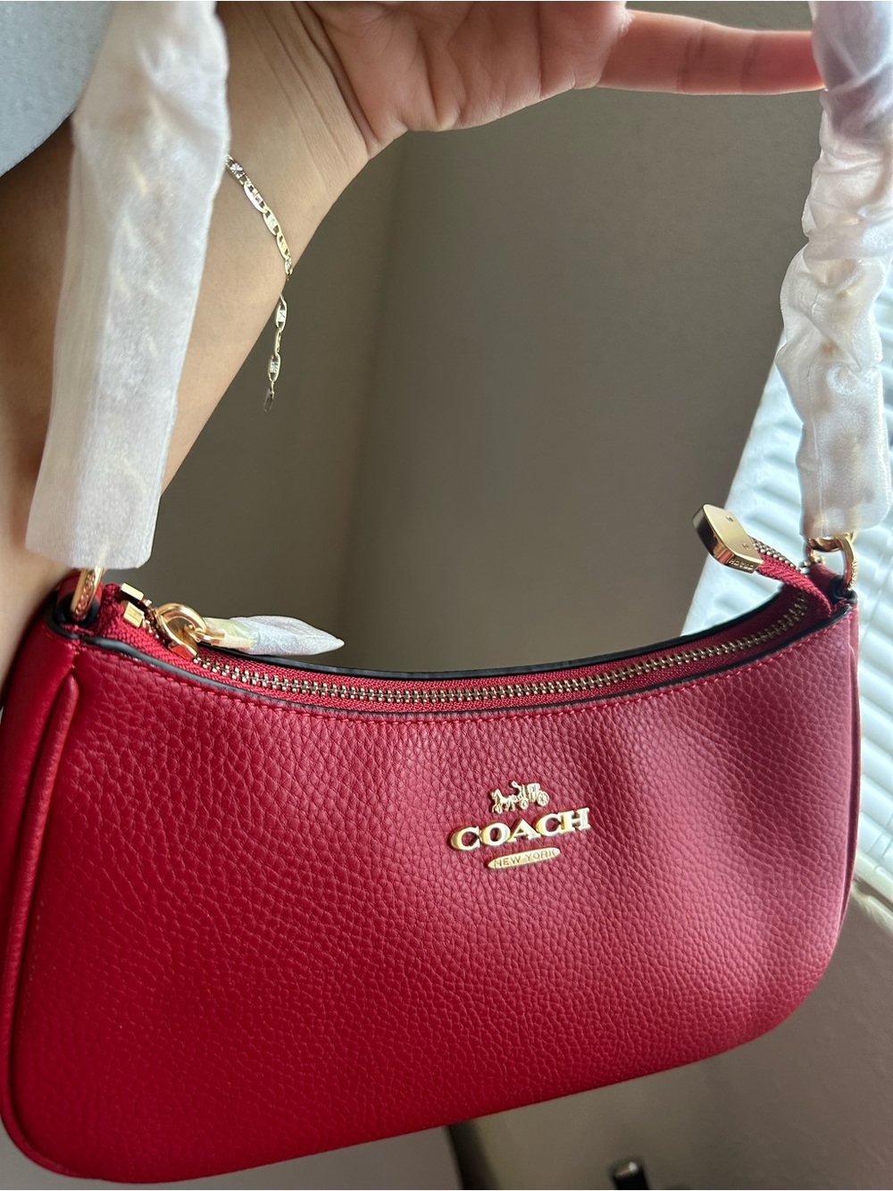 Coach Red Pebbled Leather Mini Shoulder Bag with Gold Logo